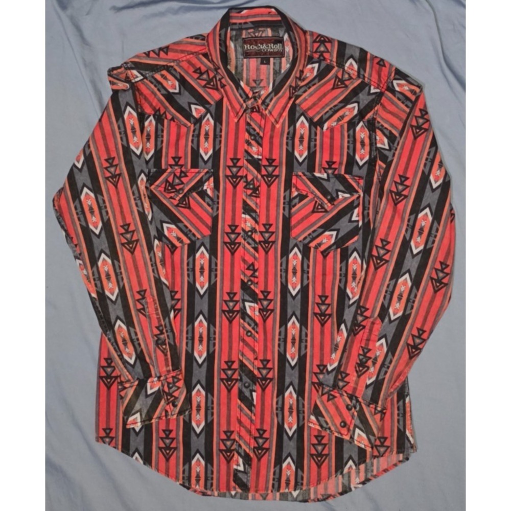 Rock and Roll Denim Long Sleeve Pearl Snap Shirt Men's L Aztec Cowboy Lot - Picture 2 of 8